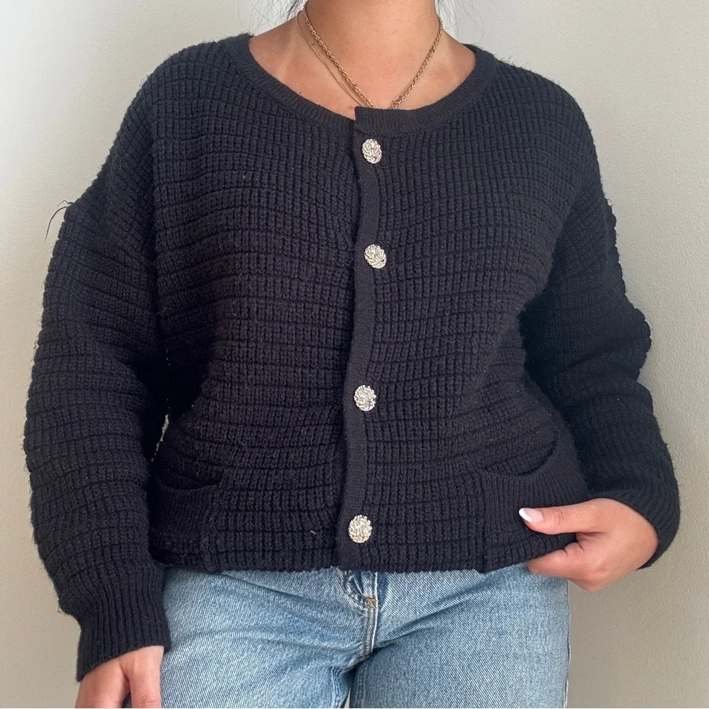 Black Knit Button-Front Cardigan Sweater - Picture 3 of 4